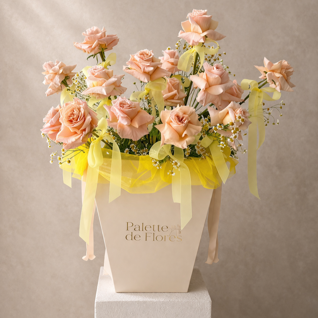 Internal Roses Wit Ribbon Peach Rose Box Sydney | Ecuadorian Roses with Ribbon | Palette de Flores